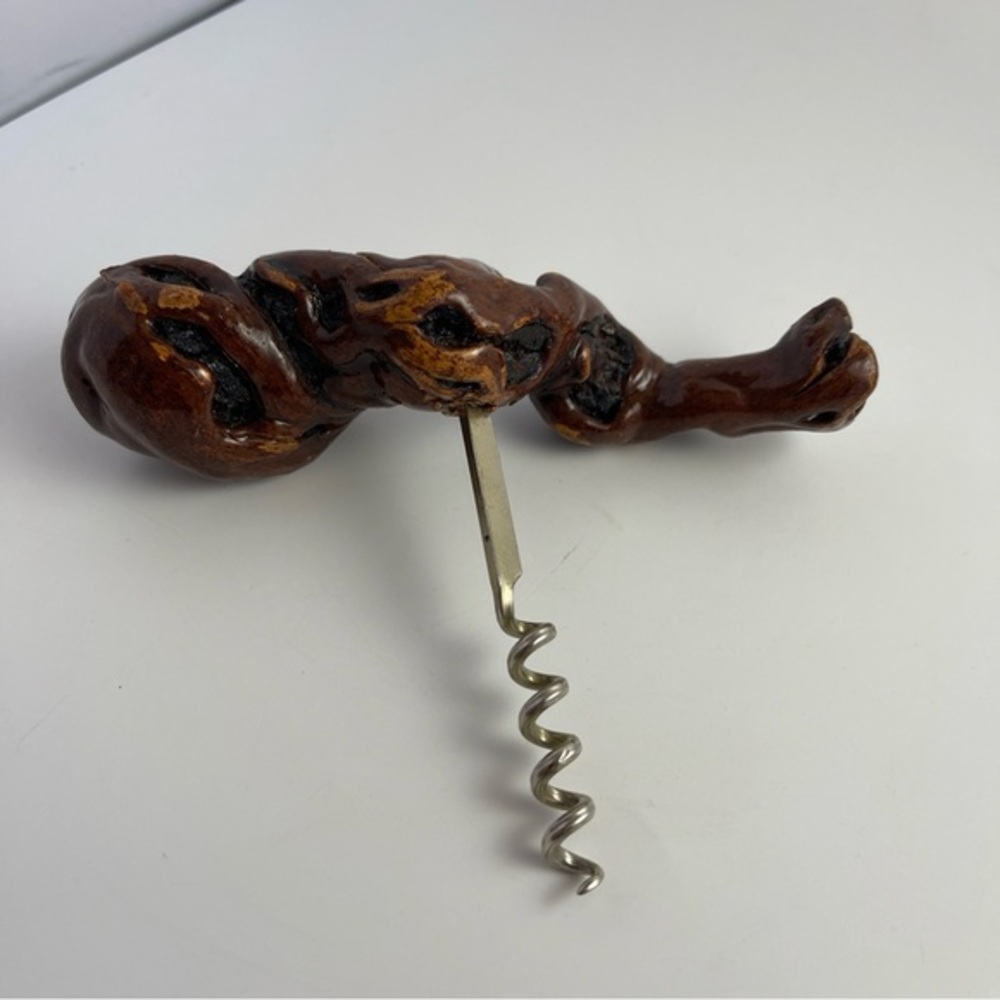 Vintage Burl Wood Cork Screw Grape Vine Twisted Wood Wine Bottle Opener